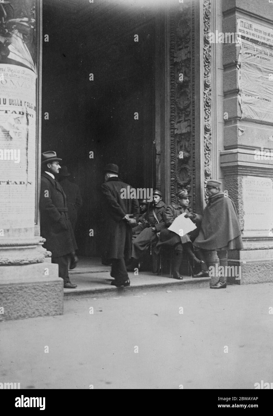 Italy 's labour troubles Entrance to post office at Milan guarded by troops February 1920 Stock Photo