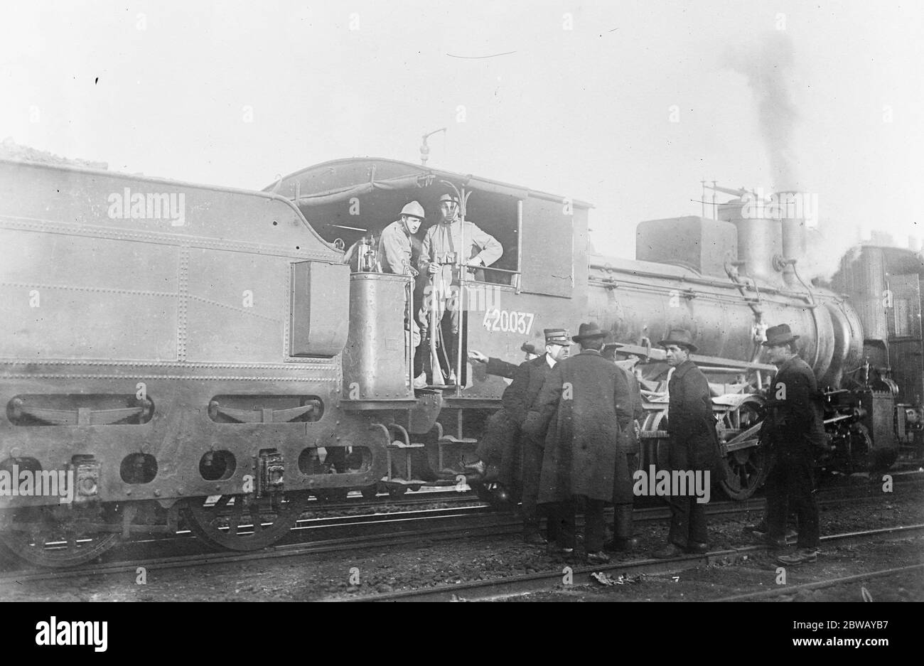Italys labour troubles . Armed guards on a locomotive at Milan February 1920 Stock Photo