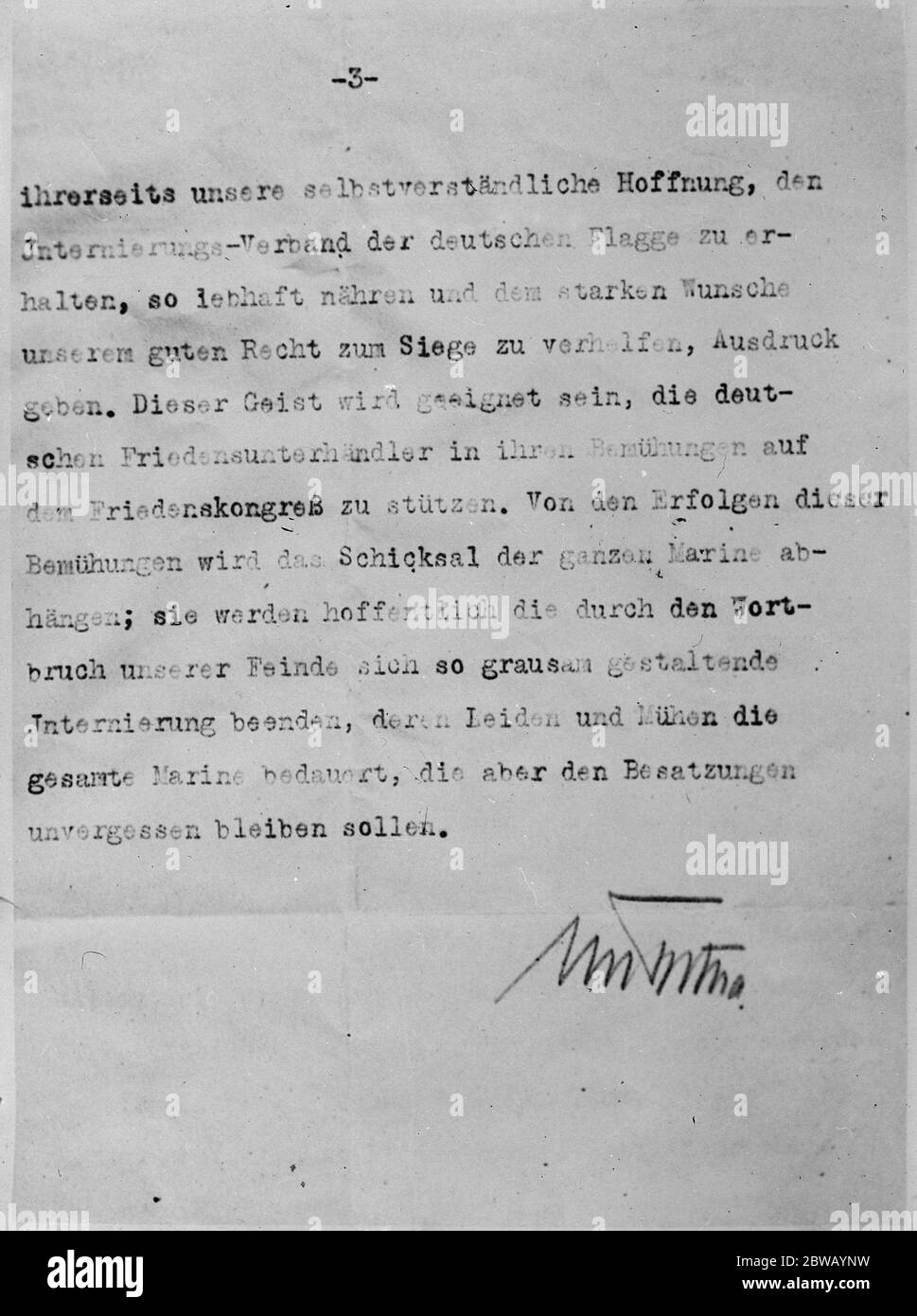 Copy of letter addressed by Admiral Von Trotha to Admiral von Reuter regarding the sinking of the Imperial German Navy at Scapa Flow 3 page 9 December 1919 Stock Photo