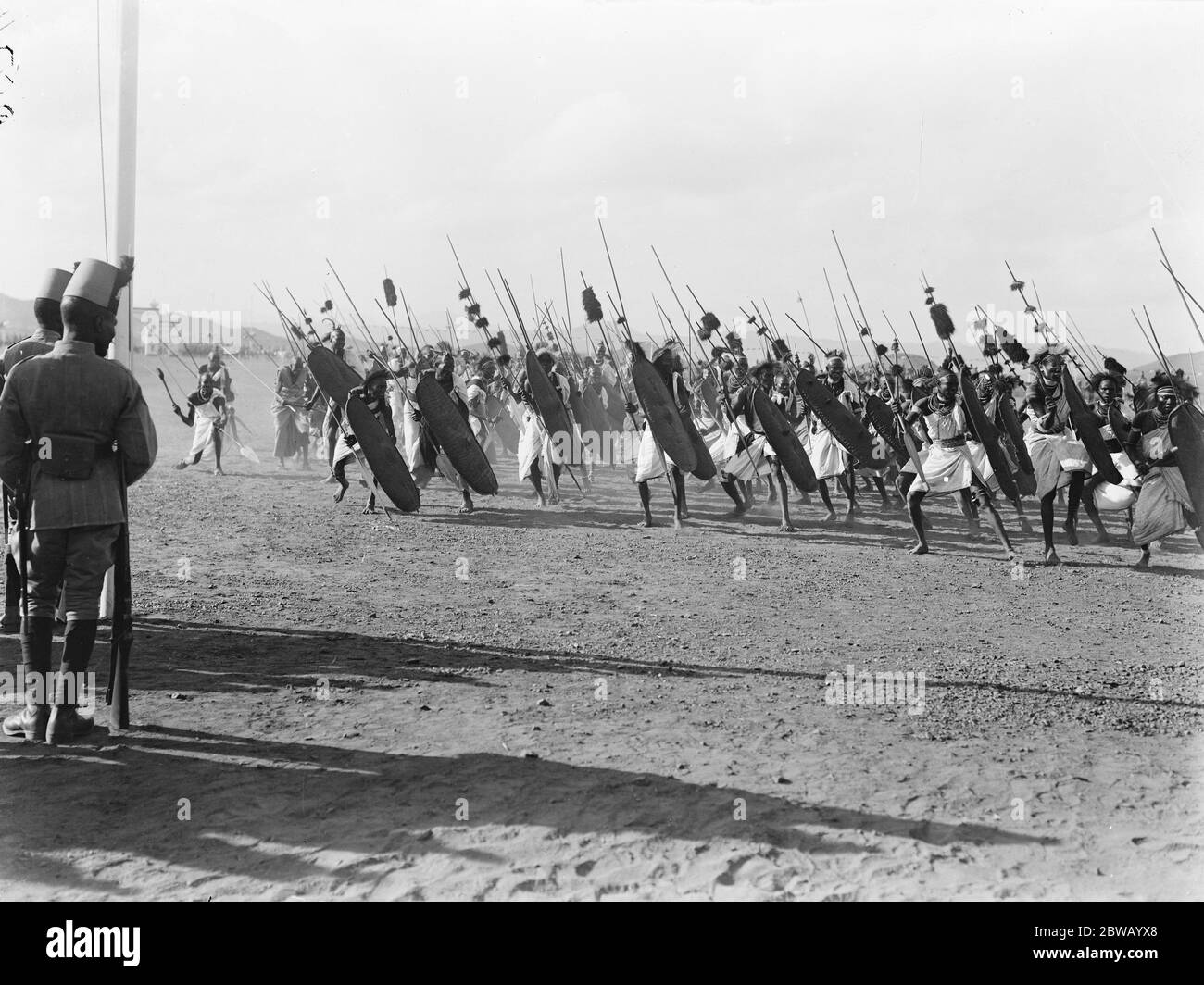 Types of Sudan Natives doing a war dance before the King 1912 Stock Photo