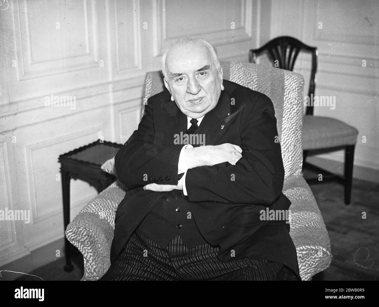 Pictured at the Savoy Hotel , London , M Louis Lumiere , the famous French film pioneer , who was guest of honour at a series of celebrations to commemorate original showing of his pictures at the Regent Street Polytechnic in 1896 . 19 February 1936 Stock Photo