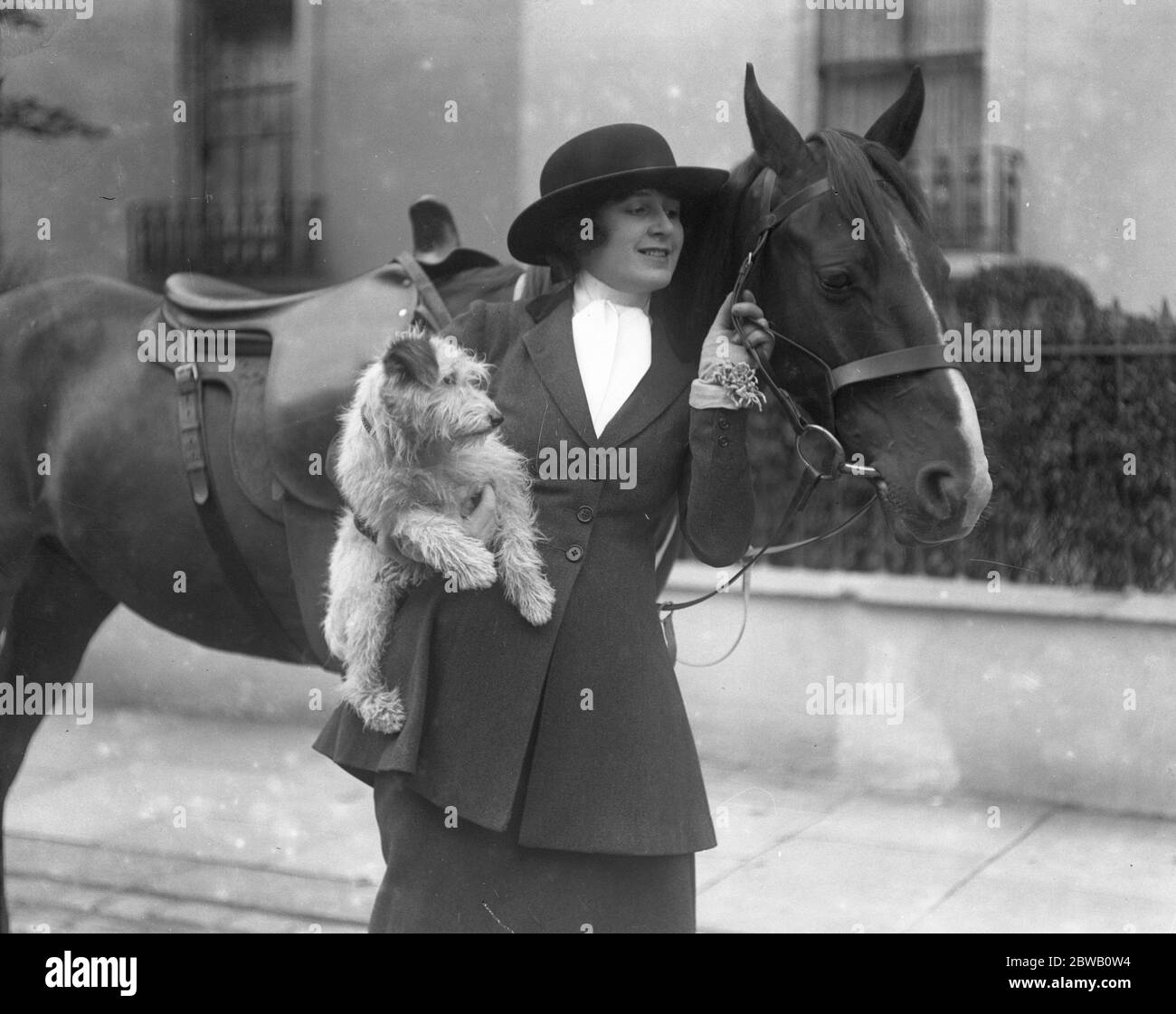 English actress , Miss Marjorie Hume with her pet dog and her horse . Stock Photo