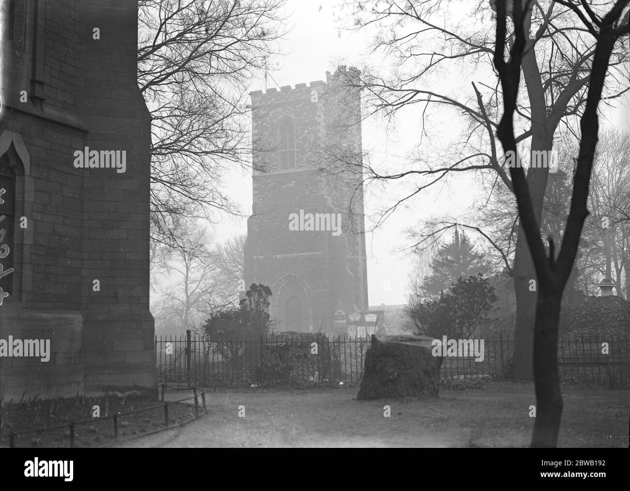 The thirteenth century bell tower at Hornsey which has survived two churches and now stands apart from the present parish church 26 January 1932 Stock Photo