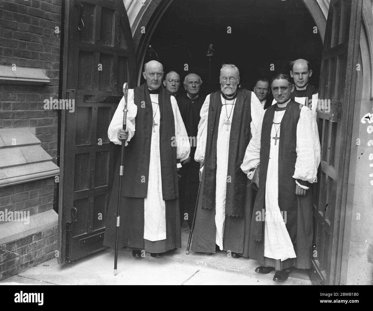 Three Bishops at the dedication of the extension of St Mark ' s Church , Camberwell , London . Left to right ; Dr Garbett ( Bishop Elect of Winchester ) Bishop Talbot , (formerly of Southwark and Winchester ) and the Bishop of Kingston . Stock Photo