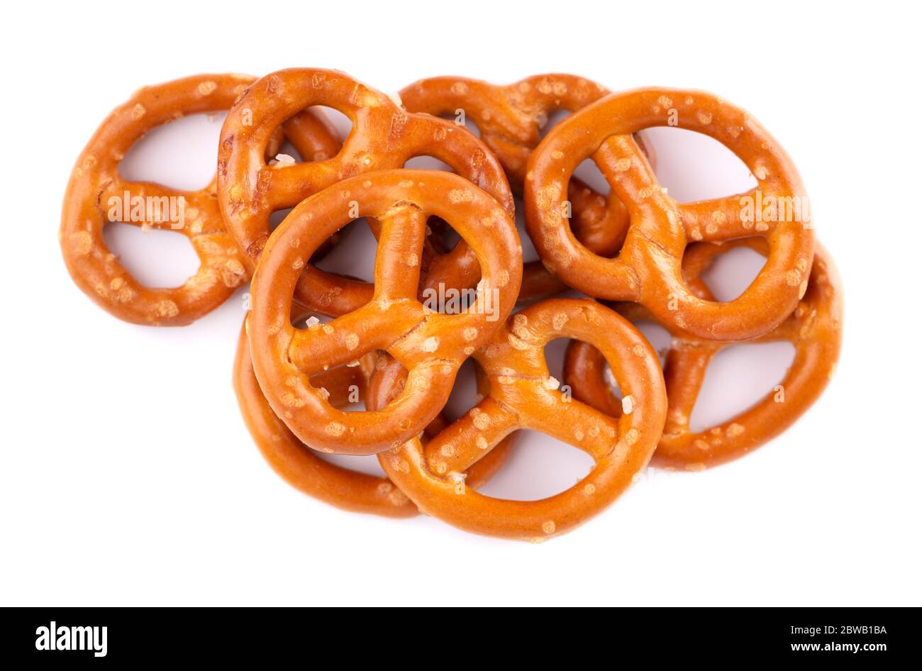 Bretzels cracker isolated on white background. Dry cracker cookies isolated. Salty snacks isolated. Top view. Stock Photo