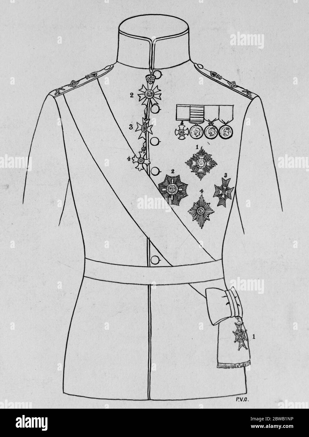 Illustration from Mr H Tendell 's new book  Dress and Insignia Worn at Court  . Photo shows one of the diagrams showing the position in which Insignia of different Orders should be worn together . 1921 Stock Photo
