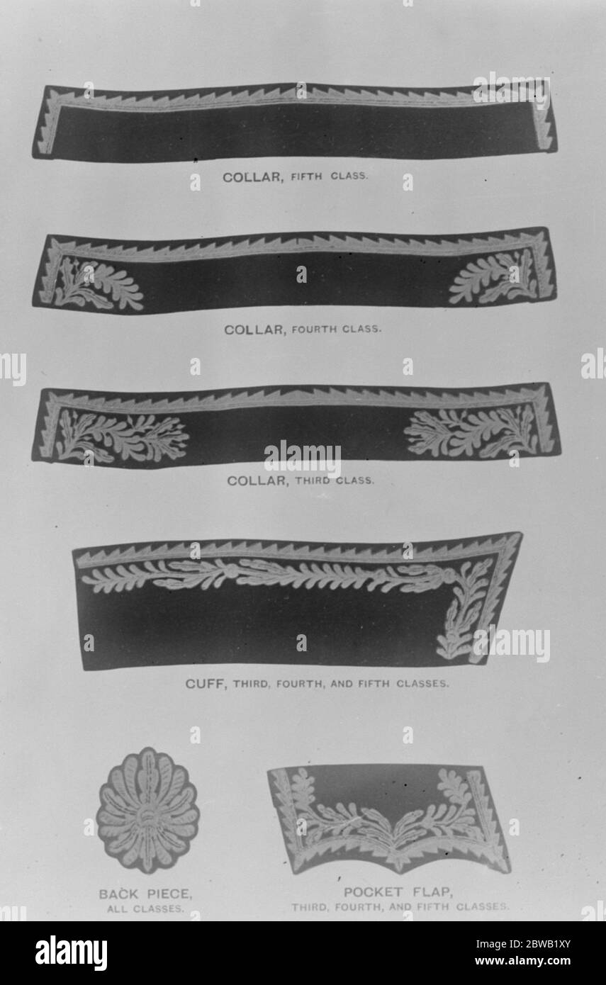 Illustration from Mr H Trendell 's book  Dress and Insignia Worn at Court  . Embroidery for Civil Uniform ( Third , Fourth and Fifth Classes ) . In future this is to be of one pattern for all three Classes , but with distinctive embroidery on the collar to mark the Class . 2 May 1921 Stock Photo