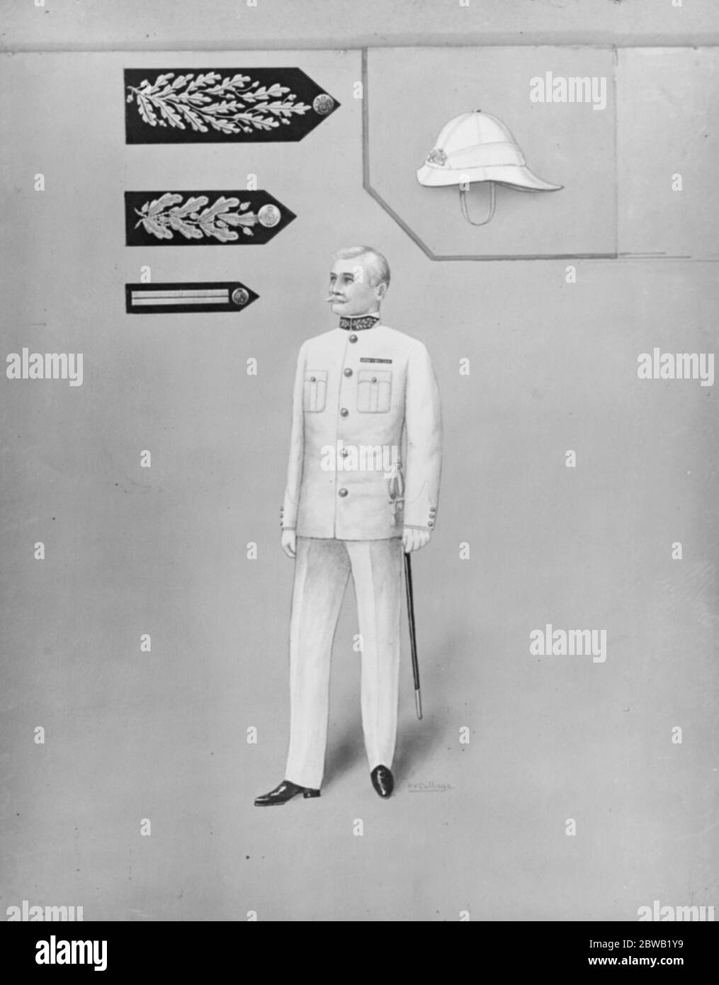 Illustration from Mr H Trendell 's book  Dress and Insignia Worn at Court  . This uniform as approved for use by Colonel Officials in tropical countries may now , by His Majesty 's special permission , be worn at Court in this country . In the upper left hand corner are shown specimens of the gold lace gorgets . 2 May 1921 Stock Photo