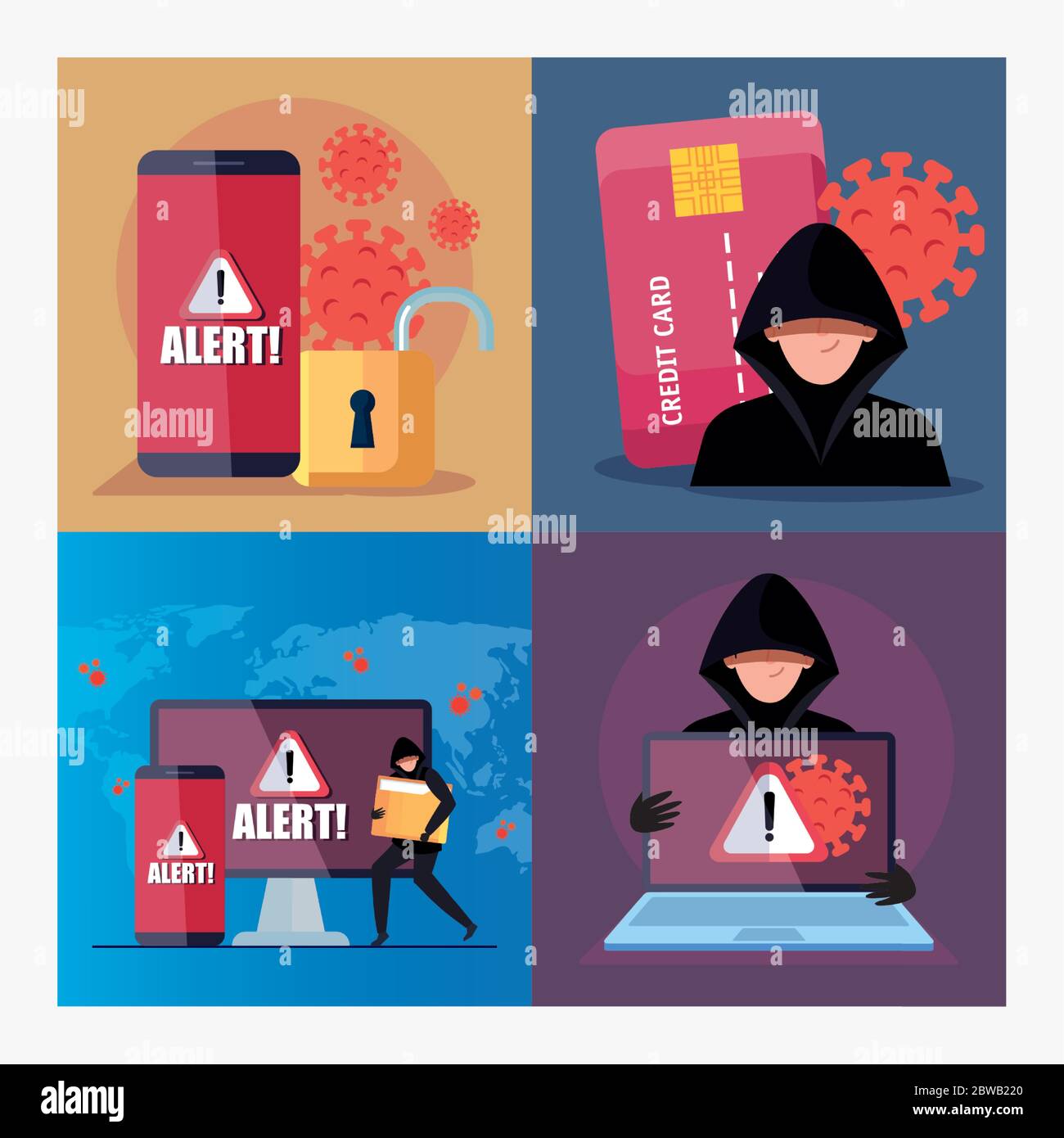 set scenes, hacker with devices electronics during covid 19 pandemic Stock Vector