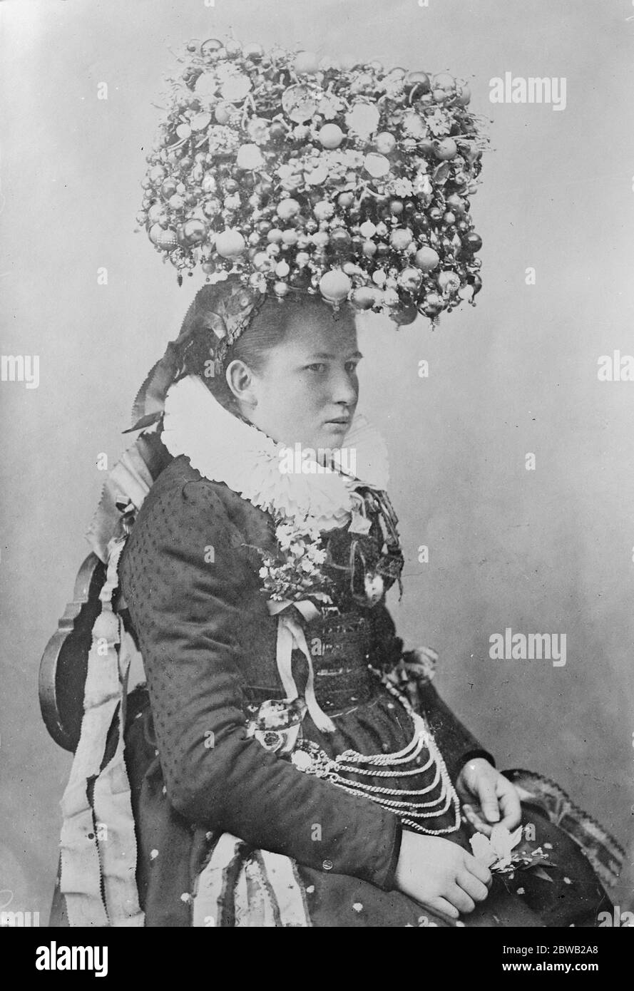 Remarkable head dress worn by a bride in the Black Forest country of Germany 25 May 1920 Stock Photo