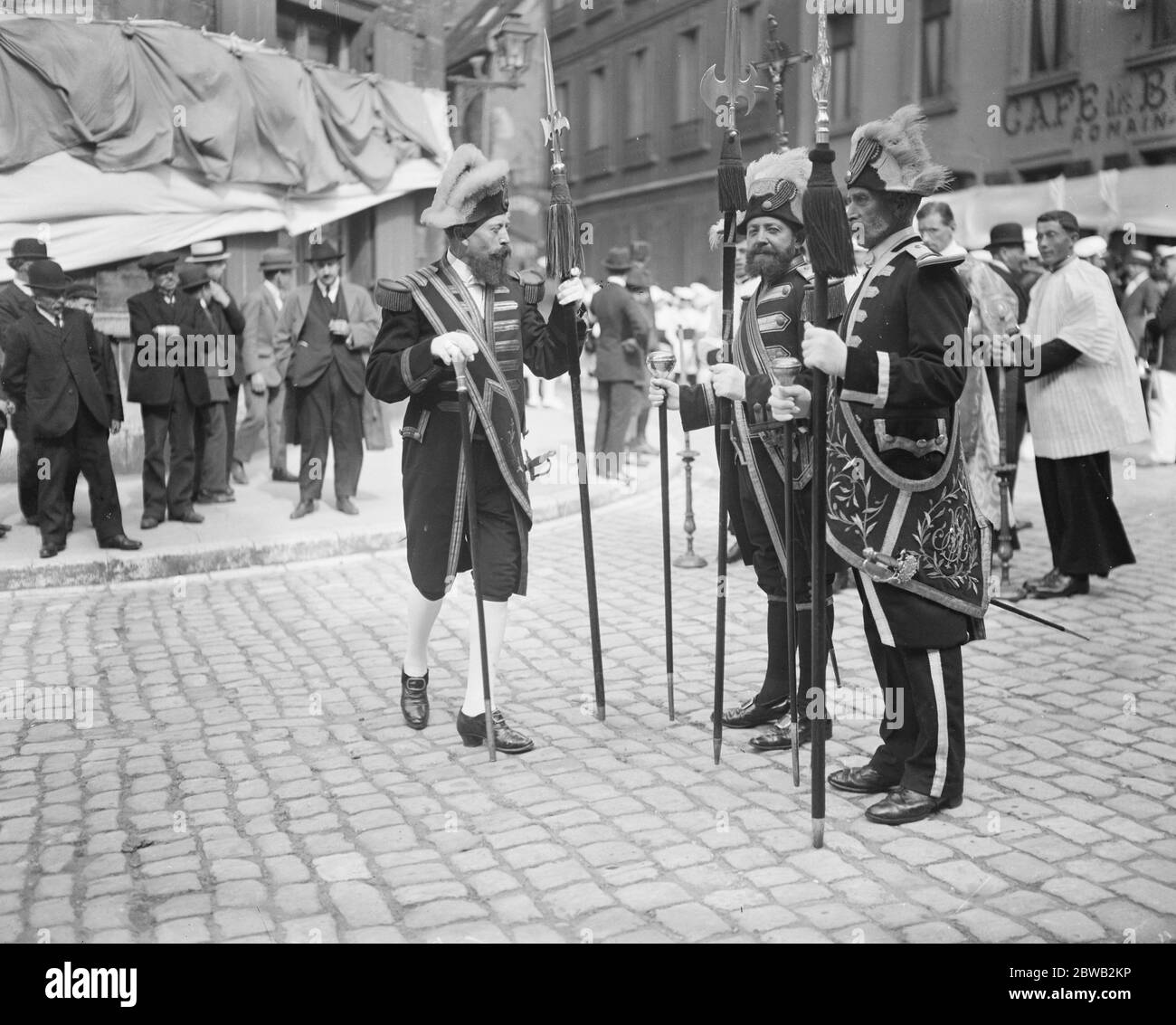Striking Procession in honour of our lady of Boulogne French functionaries ( corresponding to our old time beadles ) who headed the procession in their costumes recalling the ornate military uniforms of ancient France 23 August 1923 Stock Photo