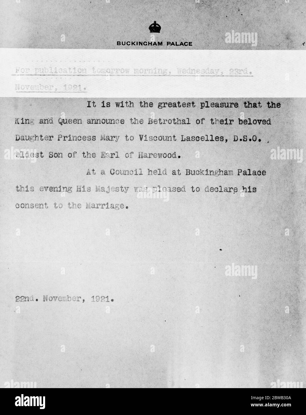 Princess Mary to be married . The official announcement received from