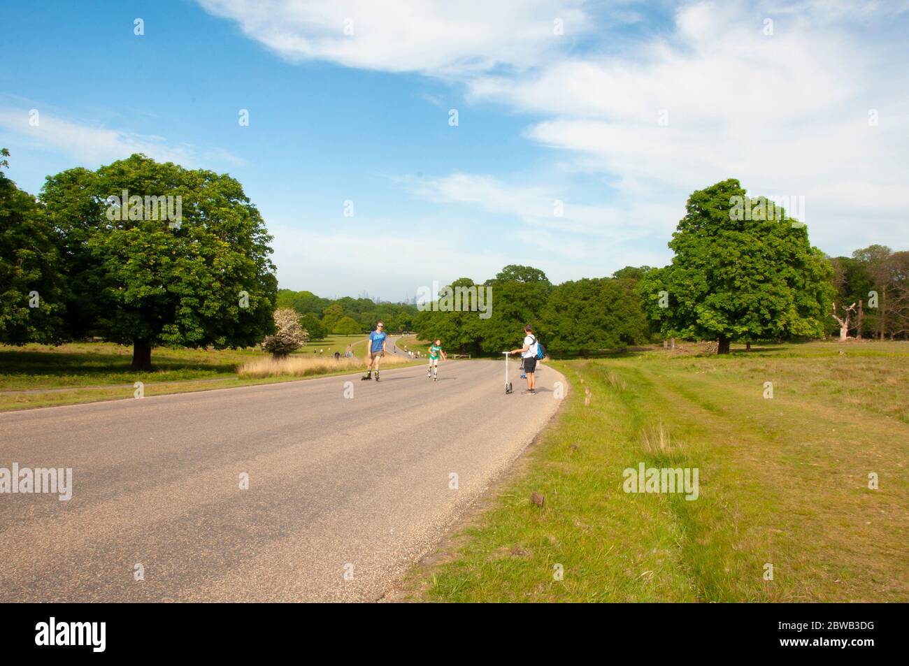 A traffic-free Richmond Park (London, UK) on a sunny day during lockdown caused my the Coronavirus pandemic. Stock Photo