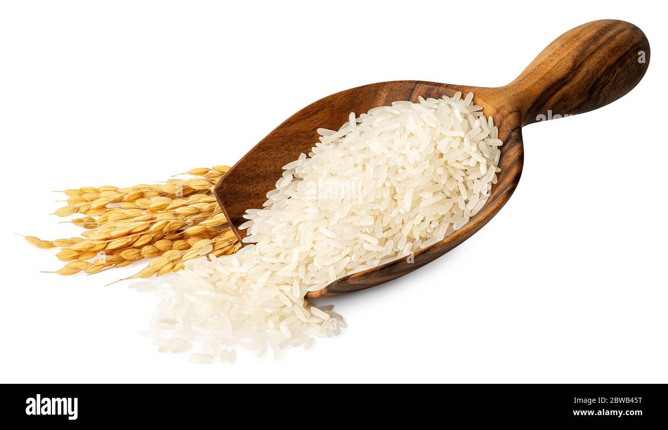 rice in wooden scoop isolated Stock Photo - Alamy