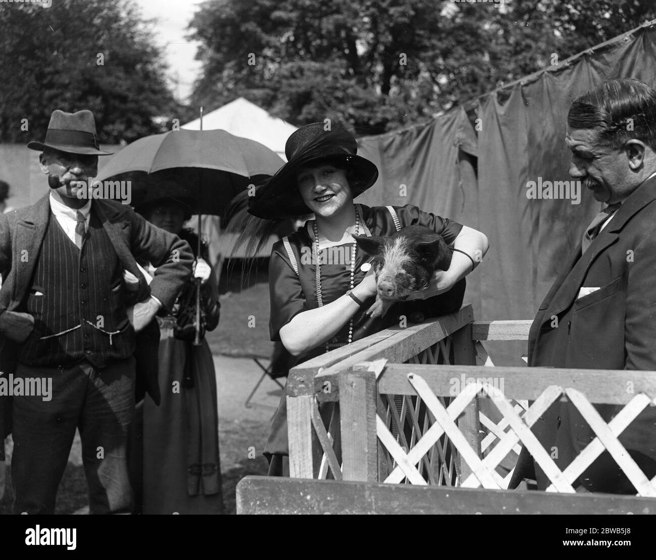 Actress , Miss Fay Compton making friends with a piglet at a theatrical garden party . 30 May 1919 Stock Photo