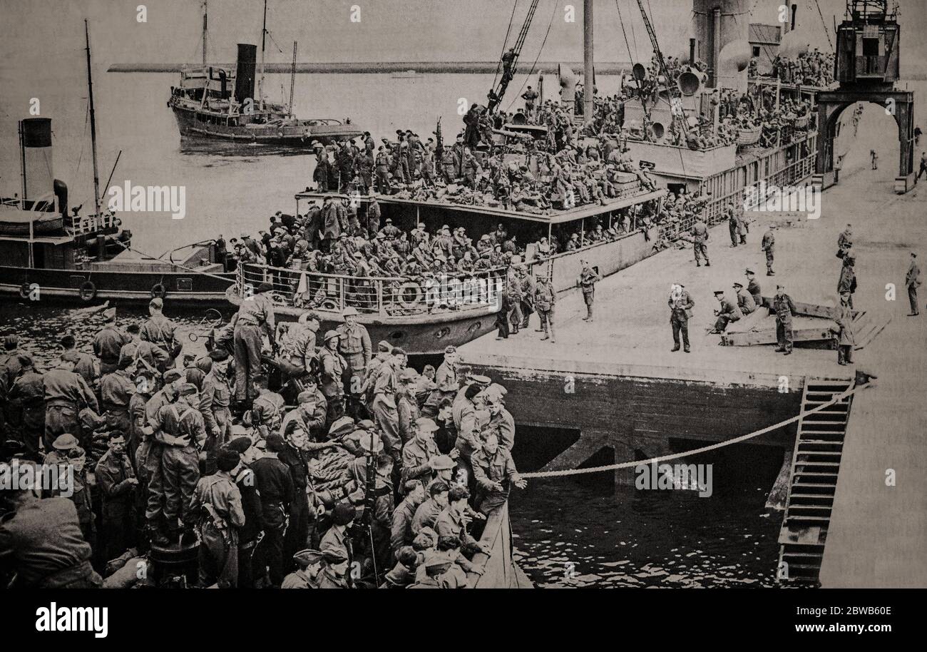 Two boat loads of troops arriving back in the UK during the Dunkirk evacuation, code-named Operation Dynamo. Between 26 May and 4 June 1940, 338,226 soldiers were evacuated  from the beaches and harbour of Dunkirk, in the north of France, during World War II. The operation commenced after large numbers of troops of the British Expeditionary Force (BEF) and French and Belgian troops were cut off and surrounded by German troops during the six-week Battle of France. Stock Photo