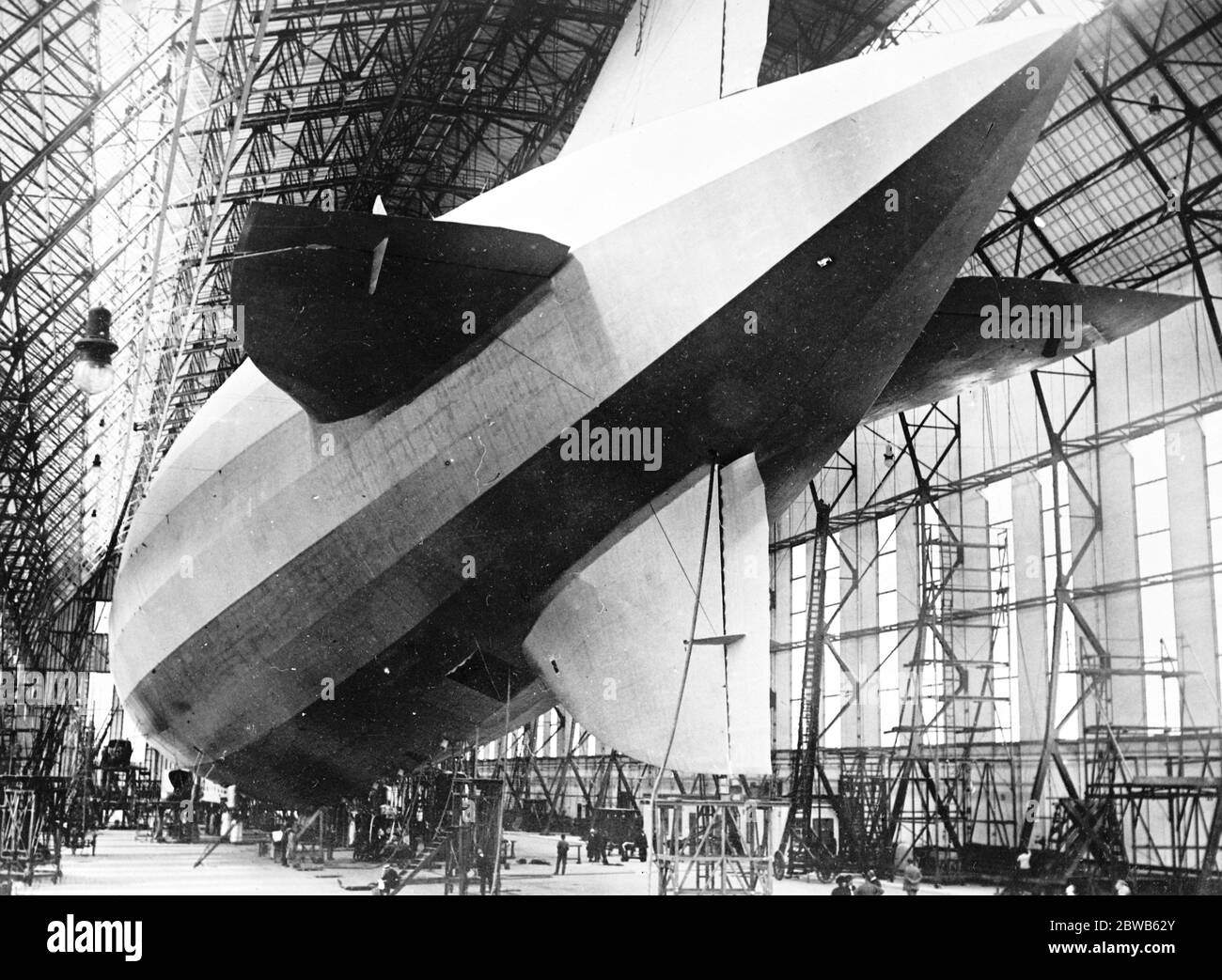 First photos of the zeppelin which will attempt to cross the Atlantic . The rear view of the ZR3 , without the cabin . The giant zeppelin built for America at Friedrichshafen . 26 August 1924 Stock Photo