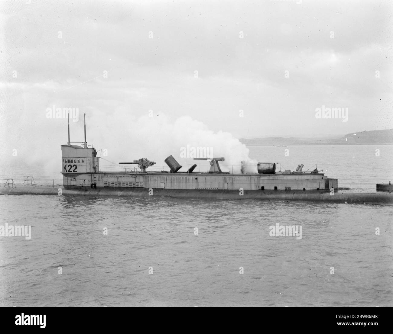 K22 , a steam - propelled First World War K class submarine of the Royal Navy , with one funnel sea - hatch shut and the second shutting . Stock Photo