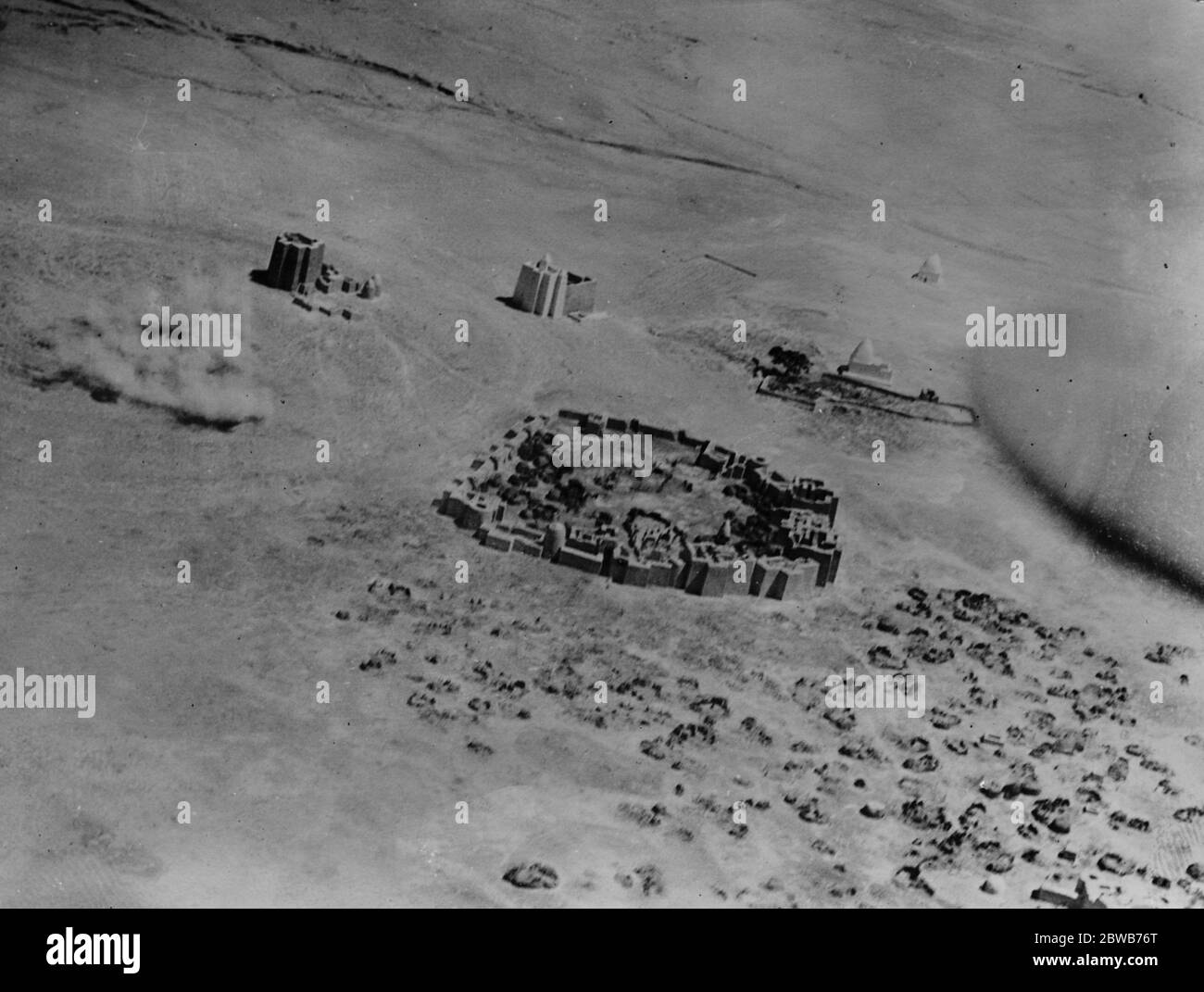 The British Military operations in Somaliland . Interesting new photographs . Bombs dropped by a British aeroplane bursting north west of Taleh Fort . A photograph taken from a height of 1000 feet . 7 April 1920 Stock Photo