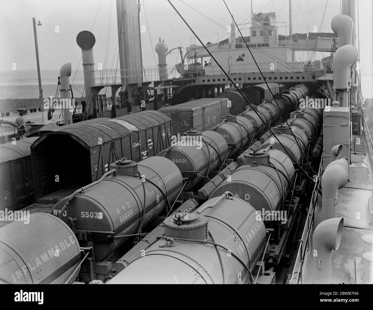 The Richborough Train Ferry on the east coast of Kent showing steam engines being transported . Stock Photo