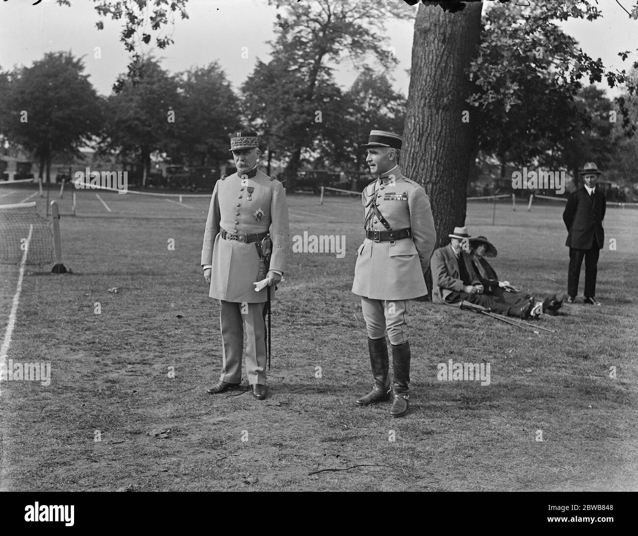 England defeat France in international polo match at Ranelagh . Marshal Petain , the hero of Verdun with Colonel Falgalde , who were amongst those present at the match . 17 June 1922 Stock Photo