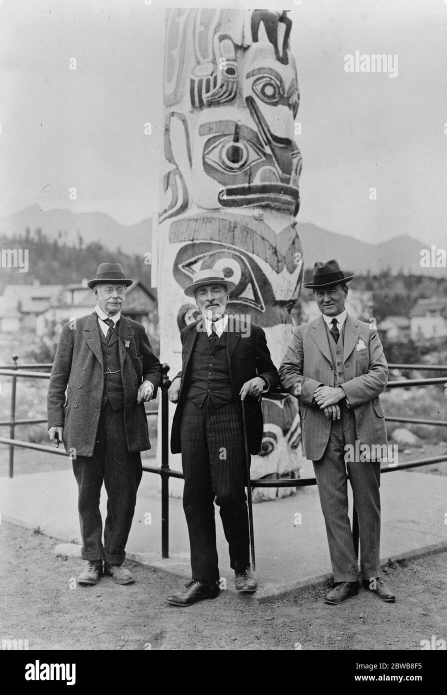 The British Association meeting in Canada . After holding their annual convention in Montreal the members of the British Association for the Advancement of Science visited places of interest in Easterm Canada . Left to right ; Sir C A Parsons , K C B , Senator Faure ( France ) and Sir R Falconer , in front of the Totem Pole at Jasper , Alberta , Canada . 10 September 1924 Stock Photo