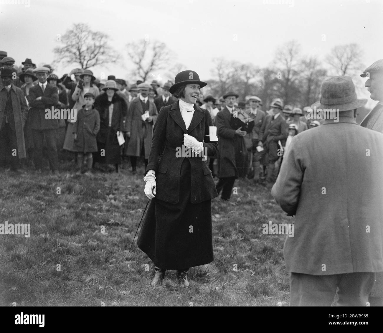 Lady steeplechasers ride a closely contested race at the South and West Wiltshire point to point . Lady Jean Hamilton in a happy mood before the ladies race . 4 April 1923 Stock Photo