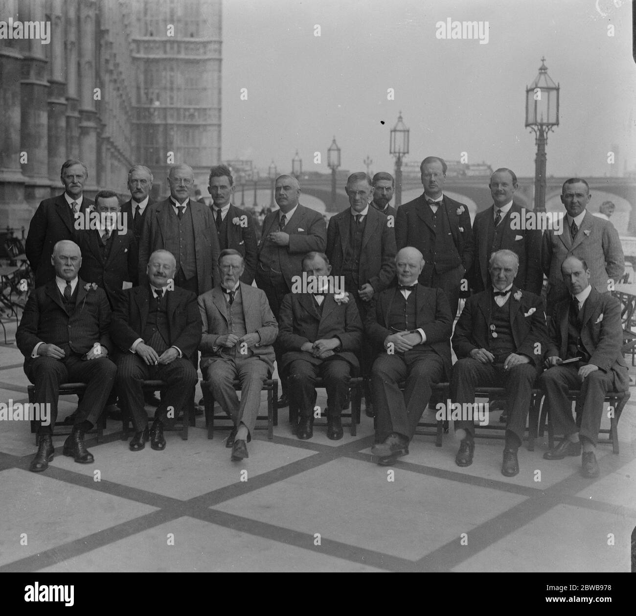 Parliamentary visit to South Africa . Delegates from the United Kingdom and Canadian Parliaments sail on the ' SS Saxon ' for South Africa to join the Australian and New Zealand delegates as guests of the South African Branch . Front row , left to right ; Hon R Watson , Lord Burnham , Sir G Fister , Mr J H Thomas , Sir D Hogg , Dr Chappel and Sir H D Egville . The back row includes ; Sir R Hamilton M P , Captain Brass , Mr A A Somerville , Colonel M Mclaren , Senator Willoughby , Mr Chevrier , Senator Boyer , Mr J C Welsh , Mr H Snell , M P and Mr McQuarrie . The delegates who will sail on the Stock Photo