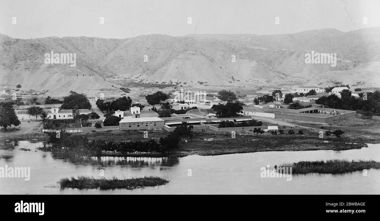 Island city sunk in the sea . Lisbon reports that the island city of Port Alexander or Pinda , off the coast of Angola , has disappeared in the sea as if by magic . A general view of Pinda . 28 January 1925 Stock Photo