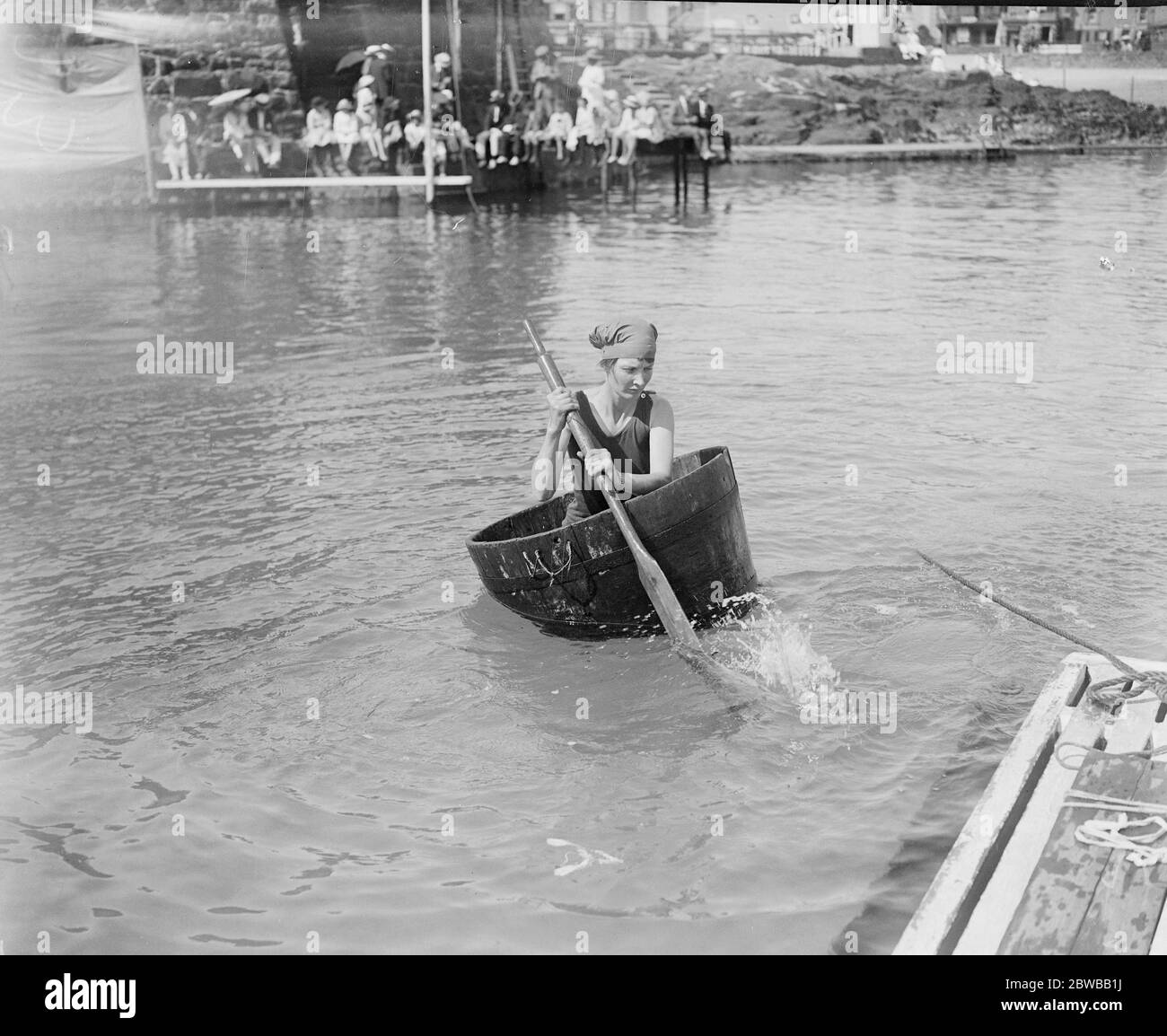 Jersey Water Gymkhana . Mrs R Dawkins winner of the Ladies tub race. 16th August 1919 Stock Photo
