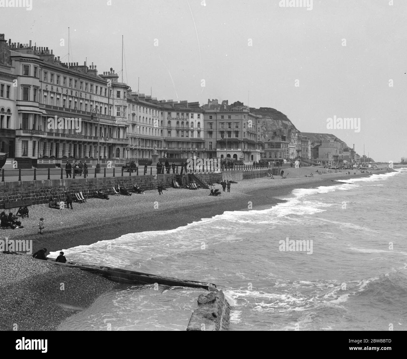 The beach and seafront at Hastings . 1925 Stock Photo