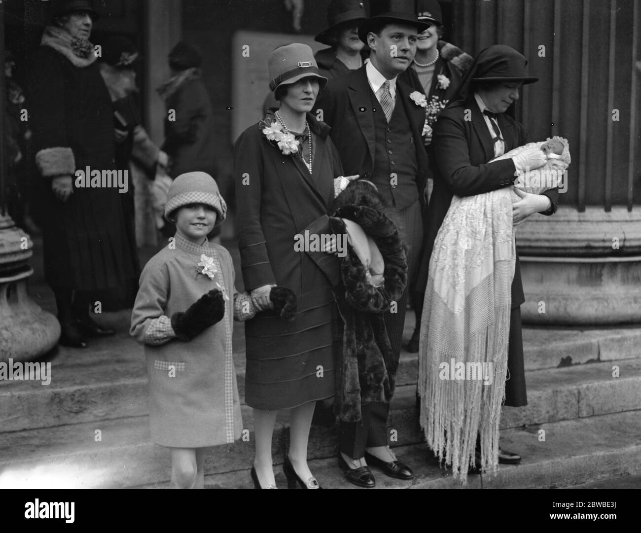 The christening at St Peter ' s Church , Eaton Square , London , of the infant daughter , Jane , of Lord and Lady Queensberry . Pictured from left to right ; Lady Patricia Douglas and her parents , Lord and Lady Queensberry . 24th January 1927 Stock Photo