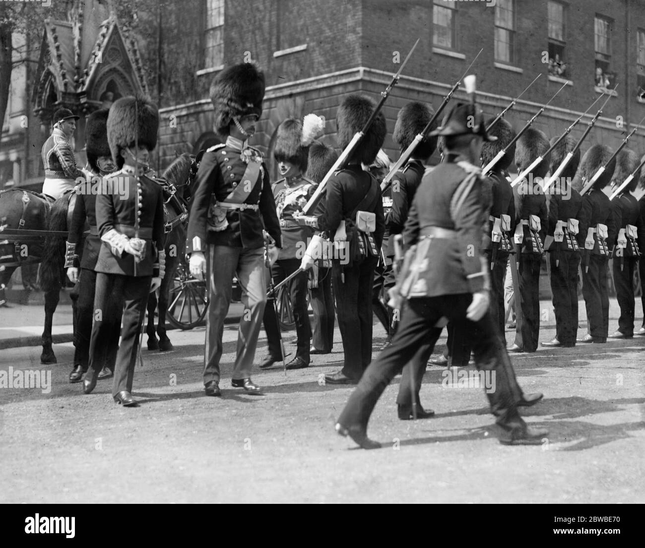 King of Denmark at the Guildhall . Inspecting the guard of honour . Stock Photo