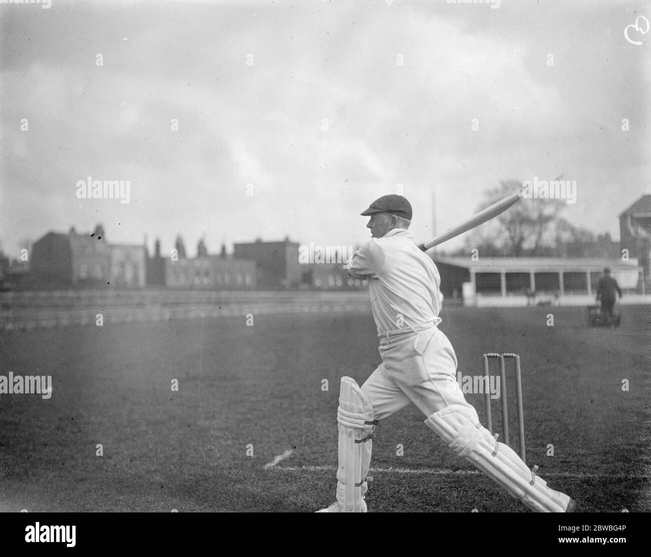 South African cricketers practice at the Oval , London Mick Commaille makinga square cut 26 April 1924 Stock Photo