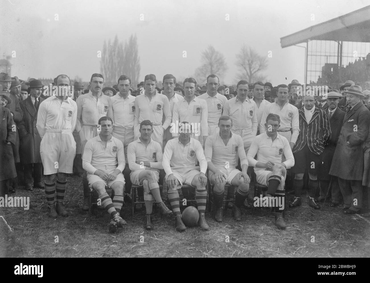 Twickenham, 18 March 1922   The Five Nations match between England and Scotland at Twickenham   The Photo shows the England team . The names listed are in no order , Tom Voyce ,  Wavell Wakefield , Leo Price ,  John Middleton , Cyril Lowe , Edward Myers , Alastair Smallwood ,  James Pitman , Dave Davies ( Captain ) , Cecil Kershaw ,  Geoffrey Conway , John Maxwell-Hyslop , Peveril William-Powlett , Robert Duncan and  Ron Cove-Smith ,   18 March 1922 Stock Photo