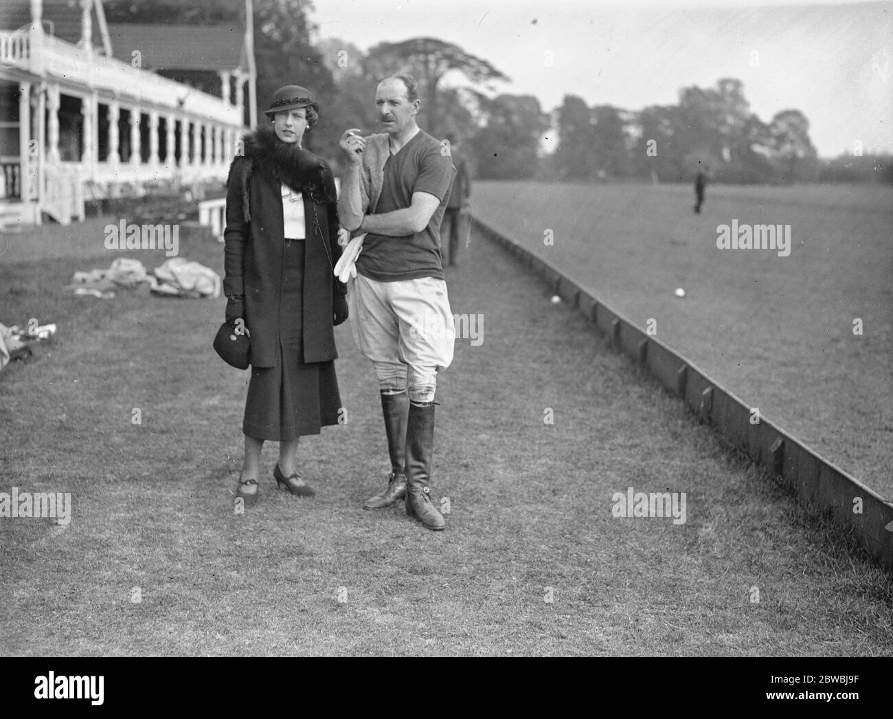 Polo at the Ranelagh Club , West London . At the match between the , Royal Horse Artillery Subalterns versus Foston Hall in the Junior Colts Cup tie , Mr RB Daniell and Mrs Daniell . 28 May 1934 Stock Photo