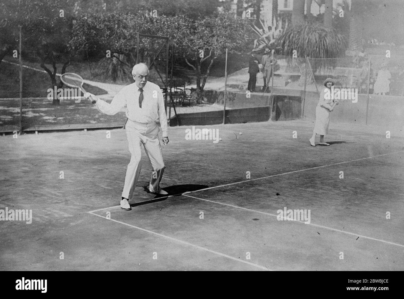 Sir Arthur Balfour at Tennis  The Tennis attitude of Lord Balfour has just reached London from Cannes   6 April 1922 Stock Photo