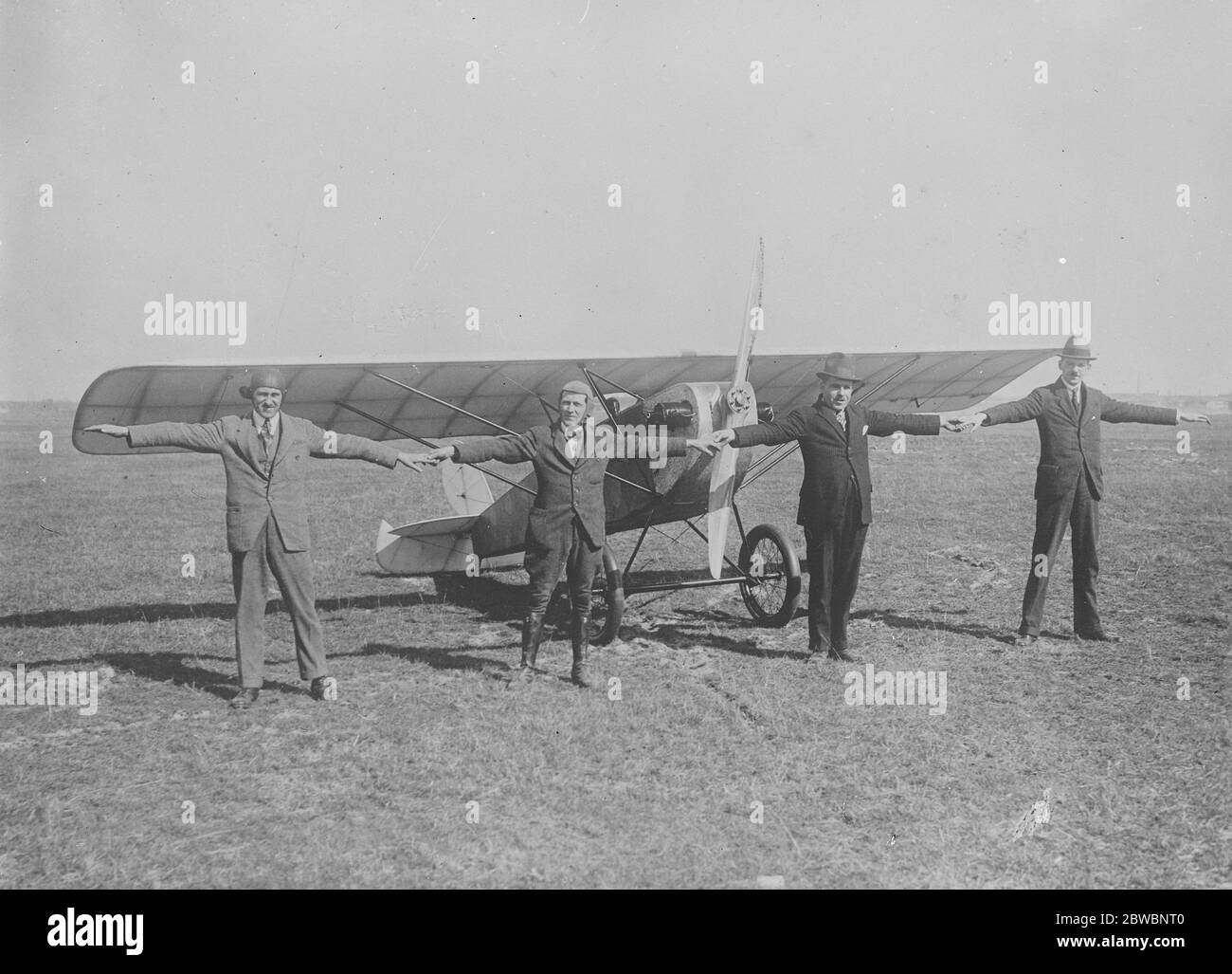 The sport plane The small sporting monoplane has been built by the brothers Rieseler Johannisthal . Its motor of two horizontal cylinders is air cooled and the whole machine weighs about 330 lbs . Its actual size is well shown in the photograph 8 April 1921 Stock Photo