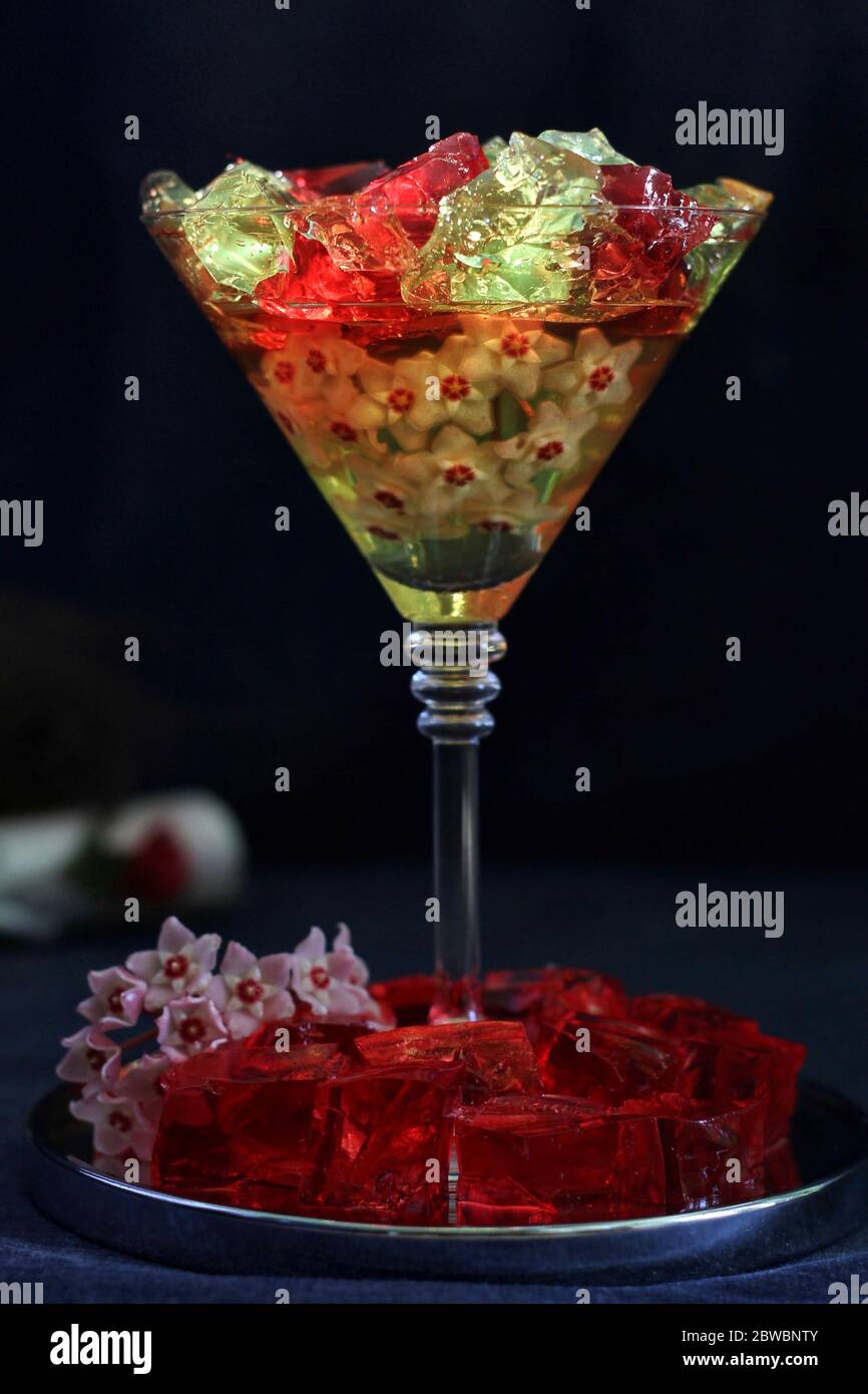 Sweet jelly dessert, design food, creative meals with vanilla flowers in dark mood on black background Stock Photo