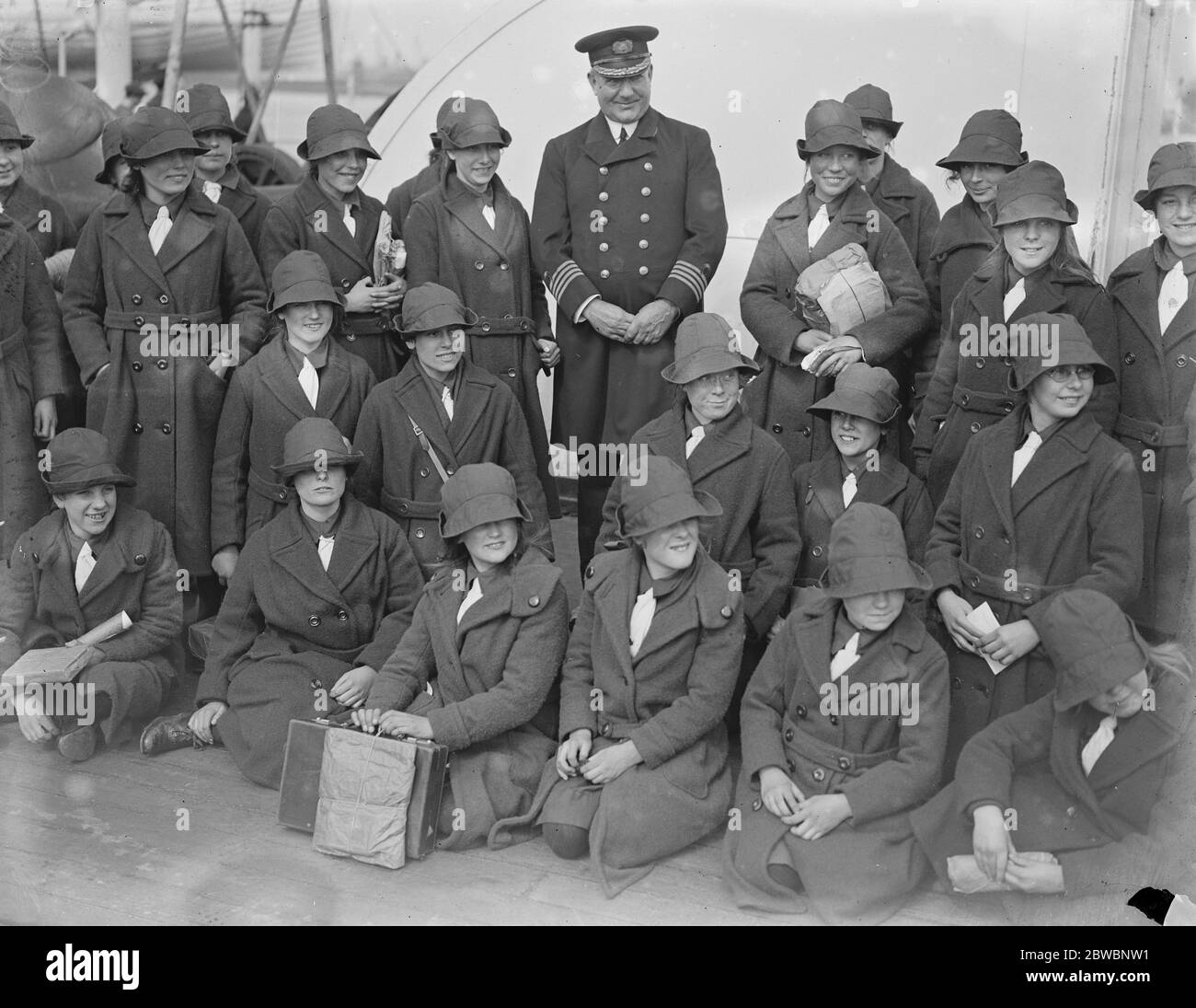 Barnardo girls leave Tilbury for Australia on SS Euripides With the captain , captain P J Collins , O B E 28 March 1923 Stock Photo