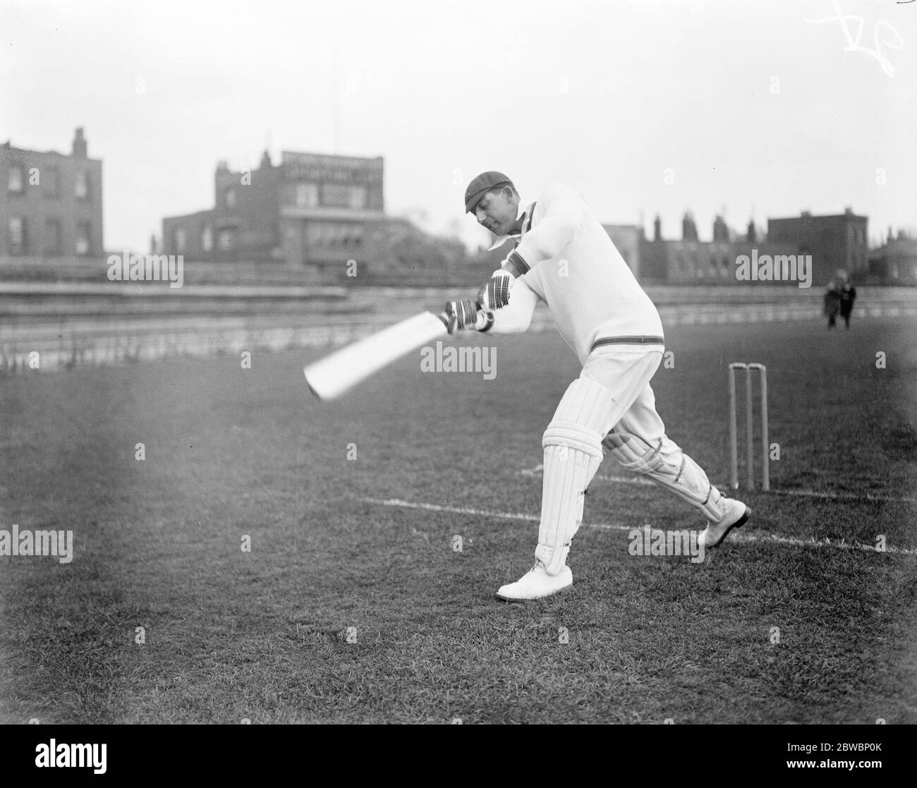 South African cricketers practice at the Kennington Oval , London Manfred John Susskind making a forward drive Transvaal 23 April 1924 Stock Photo