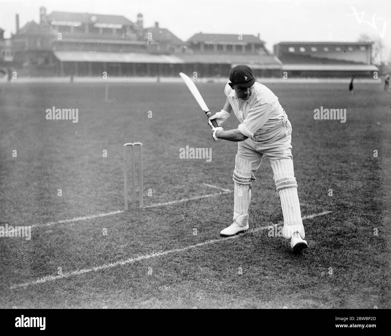 The South African cricket team at practice at Kennington oval . P A M Hands ( Western Province ) . Hands making a forward drive . 26 April 1924 Stock Photo