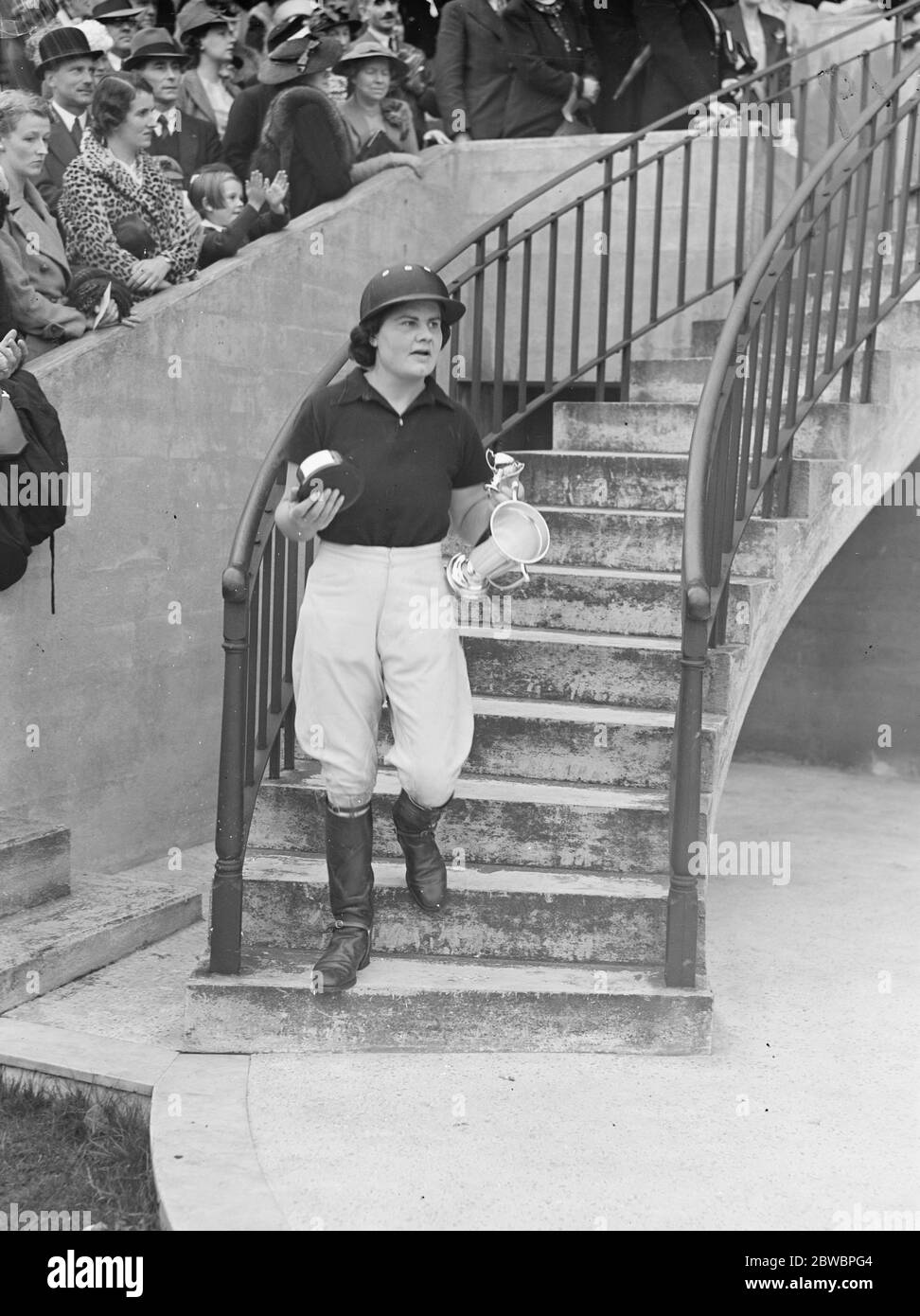 Hurlingham- Ladies Polo , Rugby versus Barton for the Clanbrassil cup Miss Judy Forwood , Rugby captain with cup 22 July 1939 Stock Photo