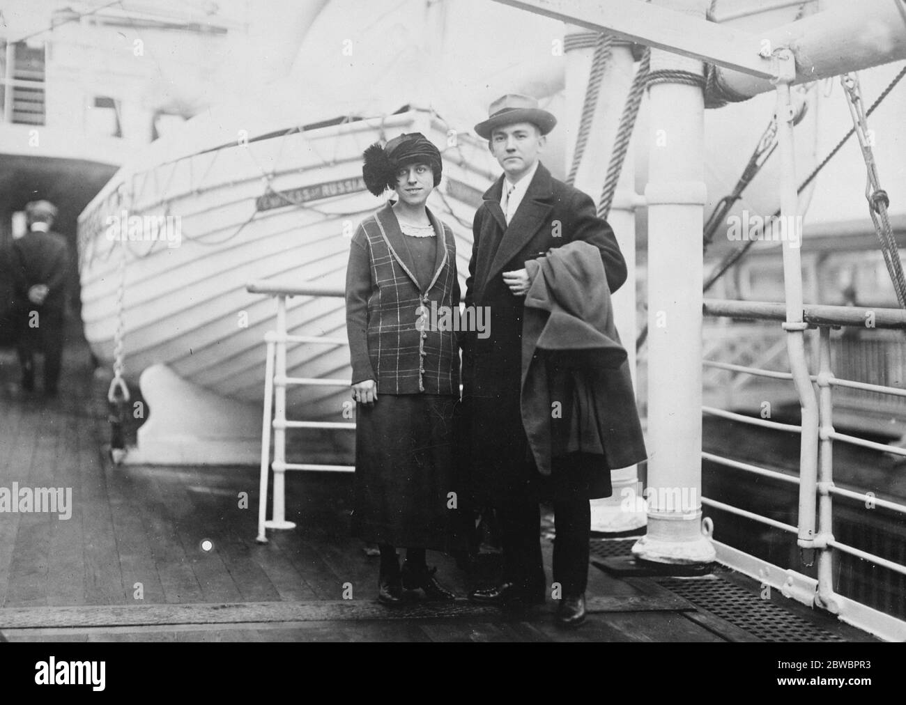 The spirit of self sacrifce Mr and Mrs Gordon Holland , of Chicago , who have given up lucrative appointments to act as missionaires on the China Tibet frontier , photgraphed on the C P R liner ' Empree of Russia en route to shanghai 14 November 1924 Stock Photo