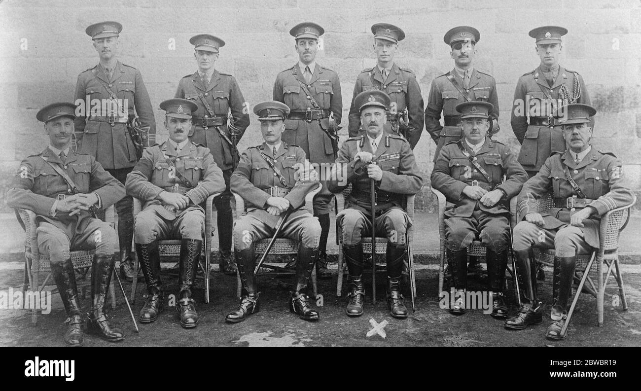 Retirement of Sir John Foweer as British Commander in Chief in China . Maj Gen Sir John Fowler ( marked with cross ) with his staff officers at Hong Kong . 19 March 1925 Stock Photo