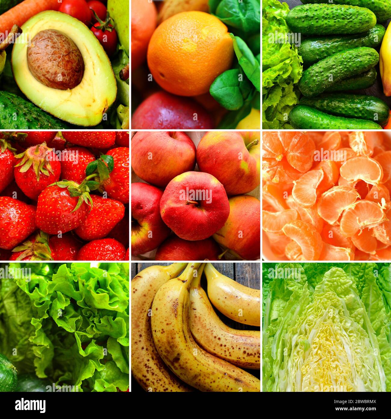 Collage. Vegetables and fruits close-up, top view. Bright summer food, apples, tomatoes, strawberries, cucumbers, bananas, tangerines. Vitamins Stock Photo