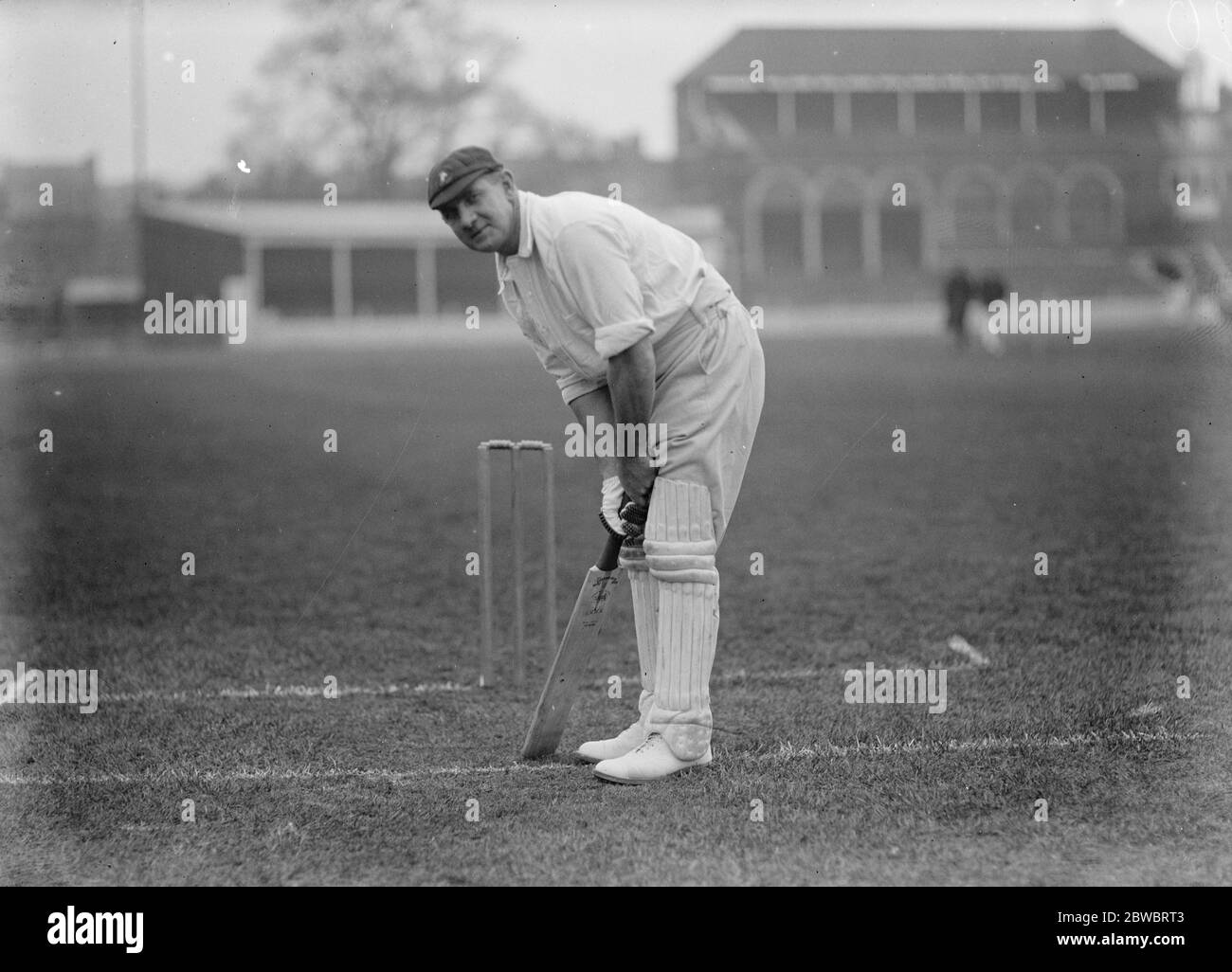 South African cricketers practice at the oval Philip Albert Myburgh Hands a right handed batsman taking his stance at the crease 26 April 1924 Stock Photo