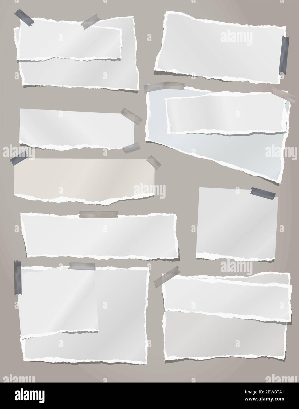 Torn white note, notebook paper strips and pieces stuck on grey background. Vector illustration Stock Vector