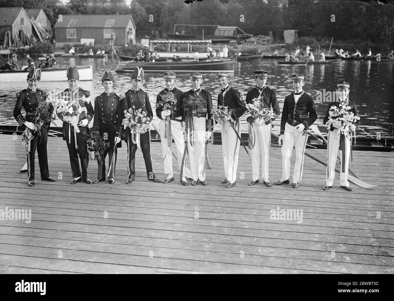 Fourth of June celebrations at Eton . Coxswains in their picturesque uniforms ready for the procession of boats . 4 June 1925 Stock Photo