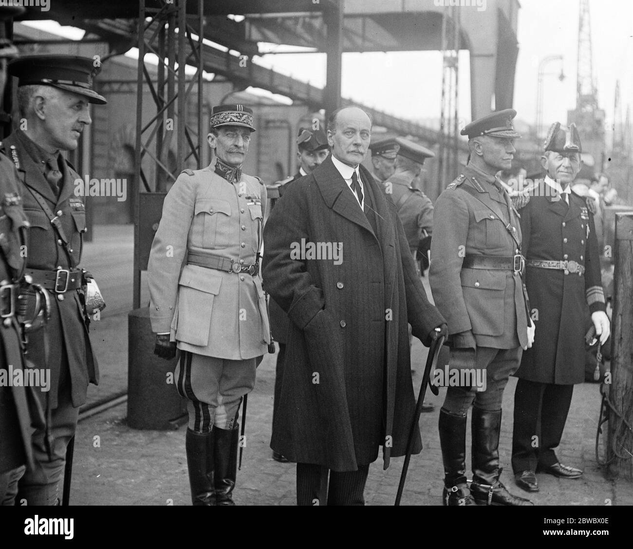 Home going of French dead soldiers . Embark at Dover for France . Vicomte de la Panouse ( French Military Attache ) Le Comte St Aulaire ( French Ambassador ) General Sir George Milne ( representing the King ) , and Admiral Goodenough at Dover . 15 March 1924 Stock Photo